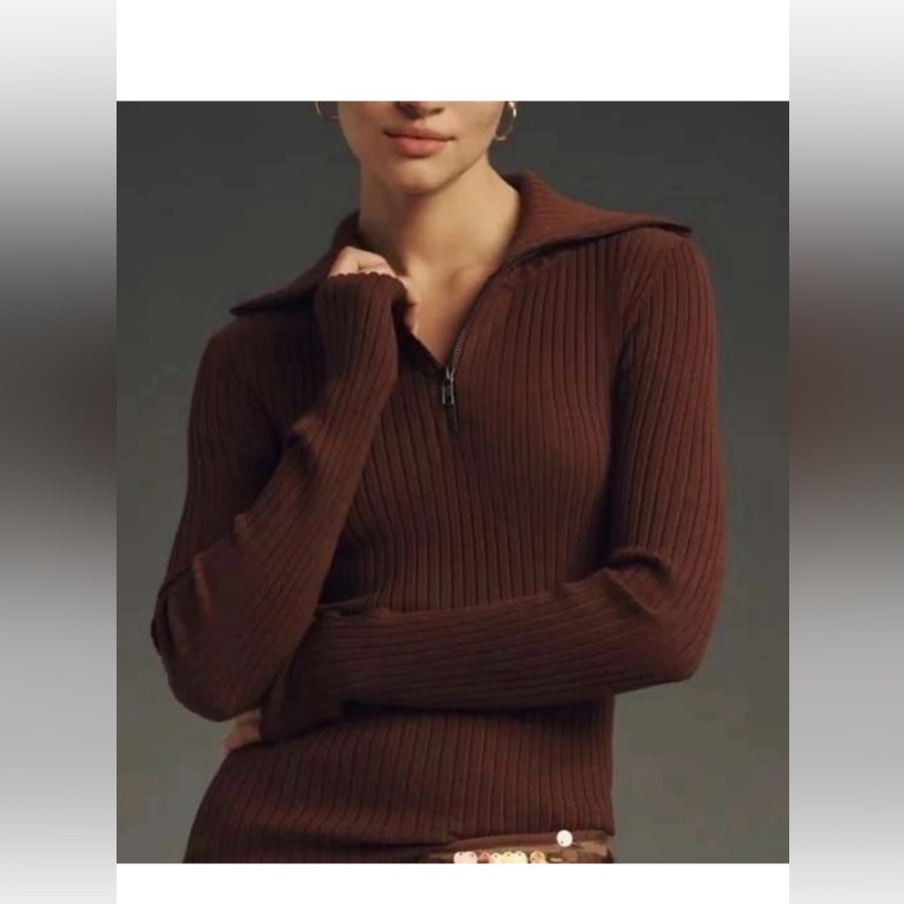 Maeve Anthropologie Brown Ribbed Fitted 1/2 zip sweater